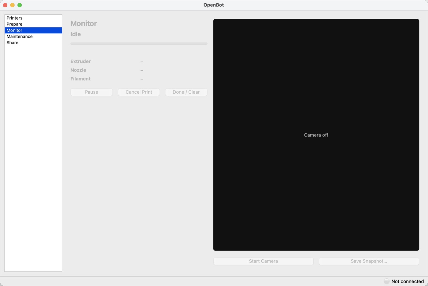 OpenBot Monitor page with print progress, hotend and filament stats, and a live camera panel