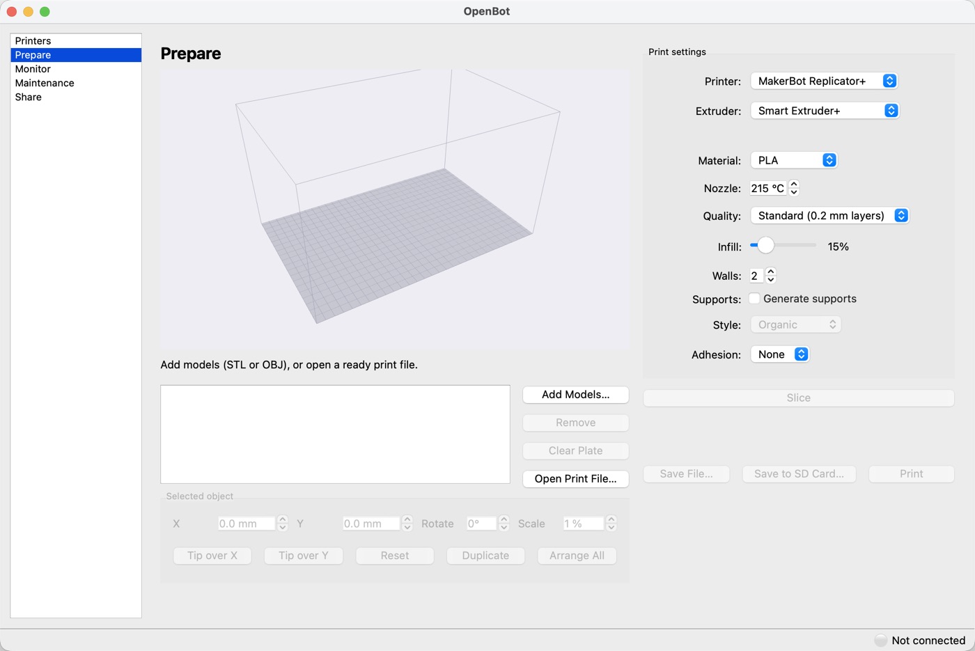 OpenBot Prepare page showing a 3D build plate viewer and print settings for material, quality, infill and supports