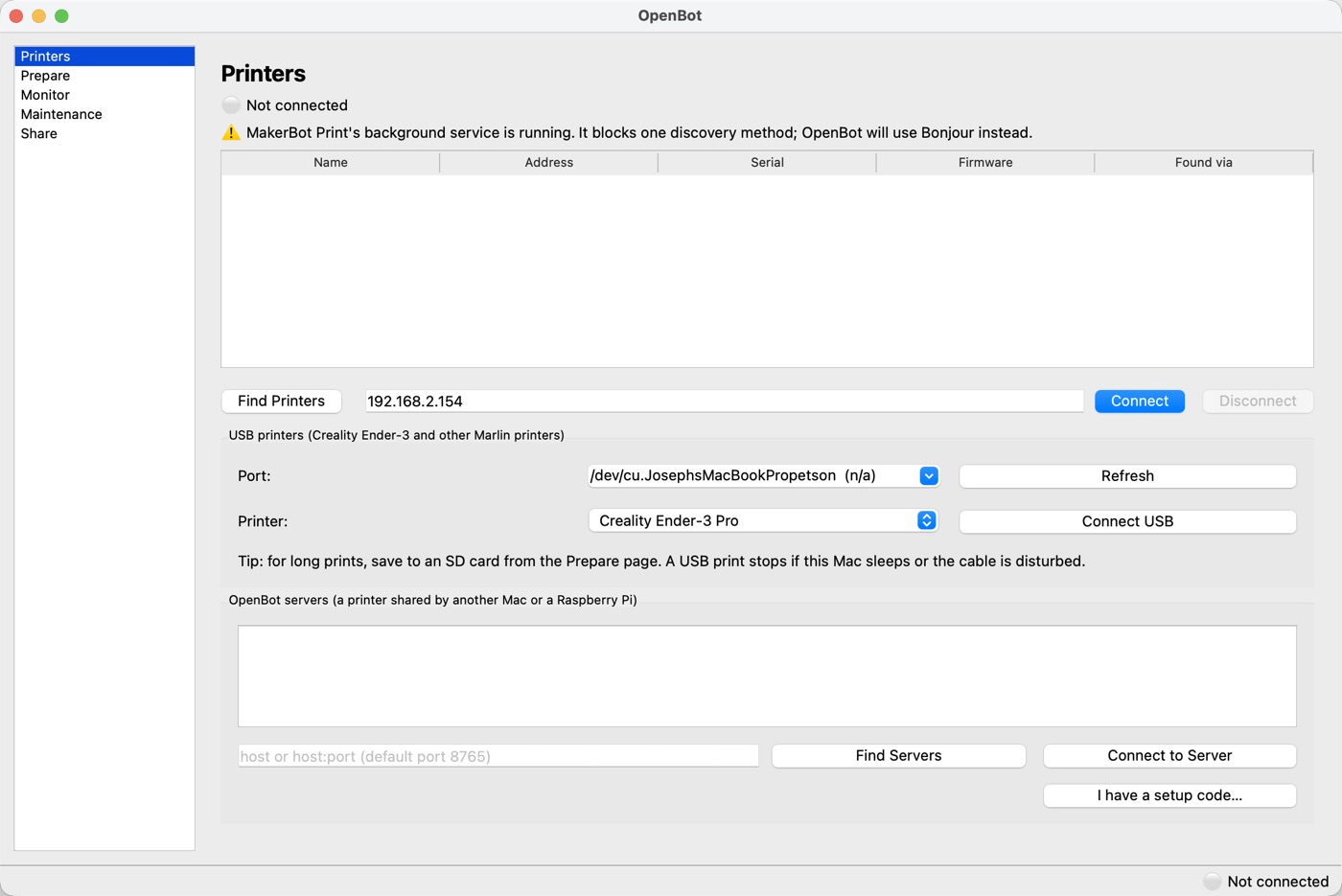 OpenBot Printers page listing discovered network printers, plus USB and OpenBot-server connection options