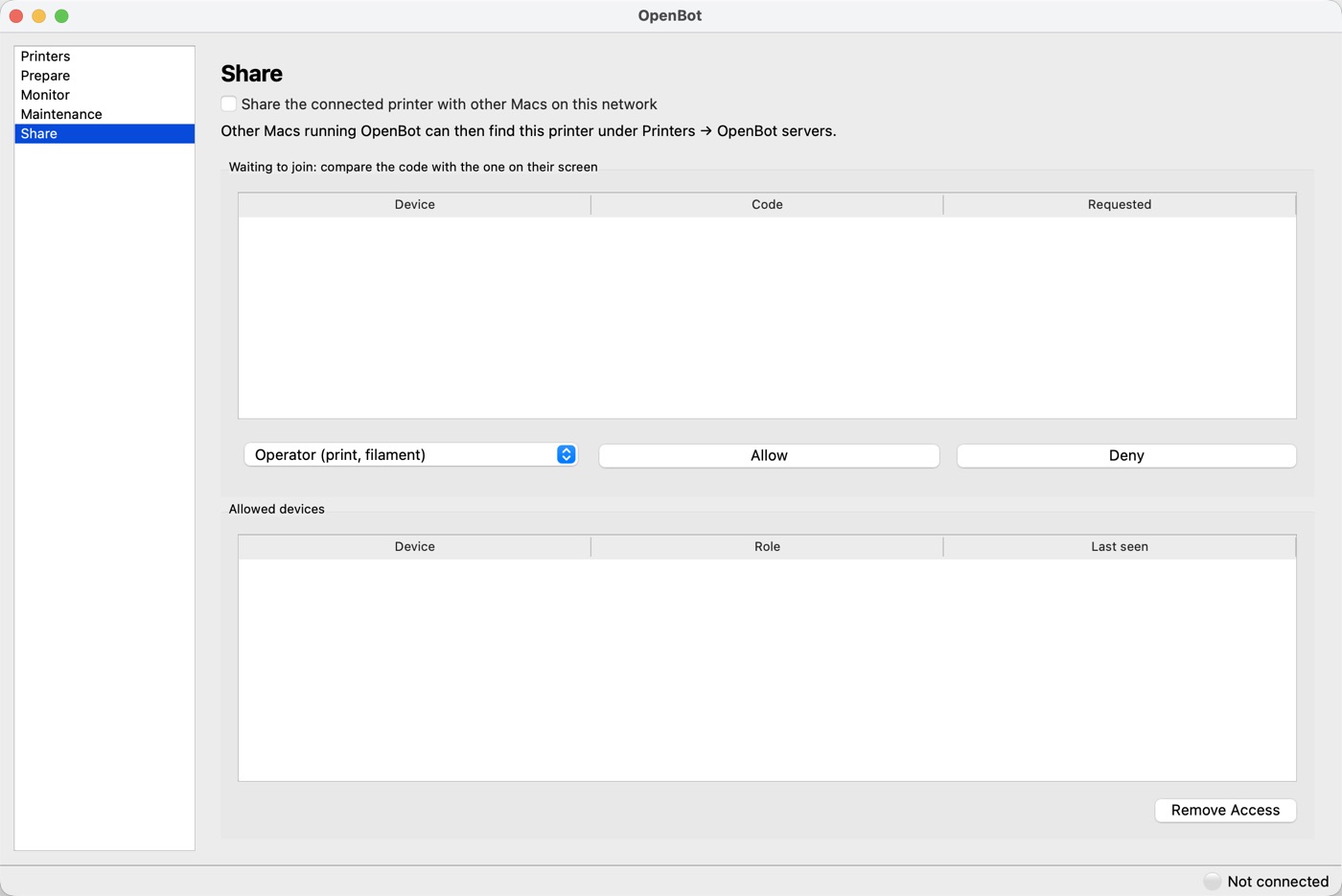 OpenBot Share page for approving other devices to access a shared printer with Viewer, Operator or Admin roles